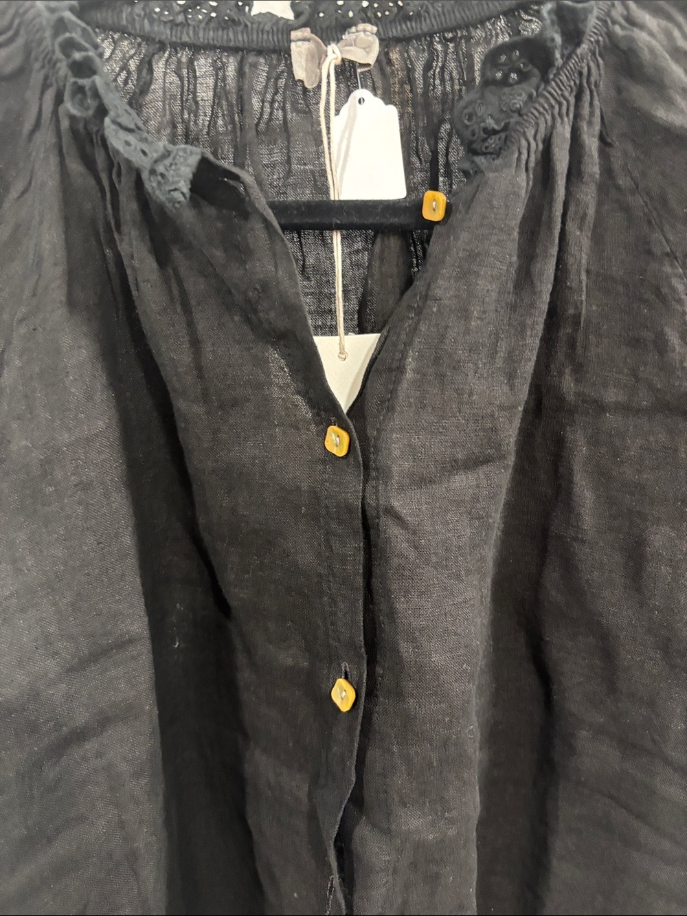 Black Lace-Trim Button Down Linen Top - Picture 3 of 6